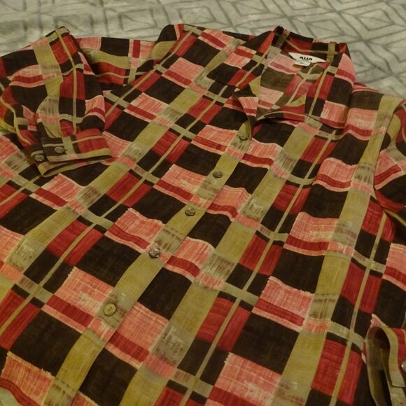 ALIA Blouse Women's Size 18P PINK & BROWN BLOCK Shirt Top Button Up 3/4 Sleeve - Picture 4 of 4